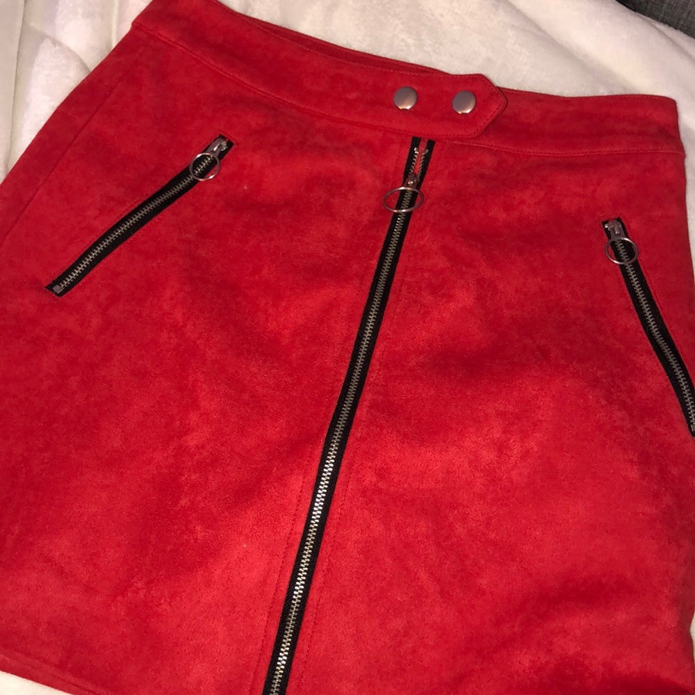 Red suede mini skirt zipper front
